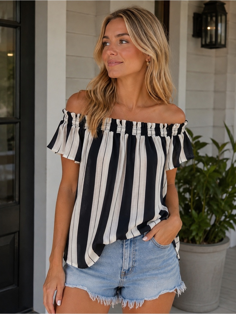 Off-Shoulder Navy and White Striped Women's Top- never worn large